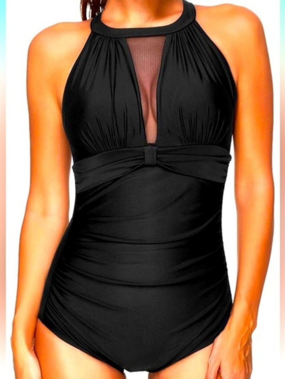 Women's 1 piece swimsuit high neck plunge rushed tummy control bathing suit - S